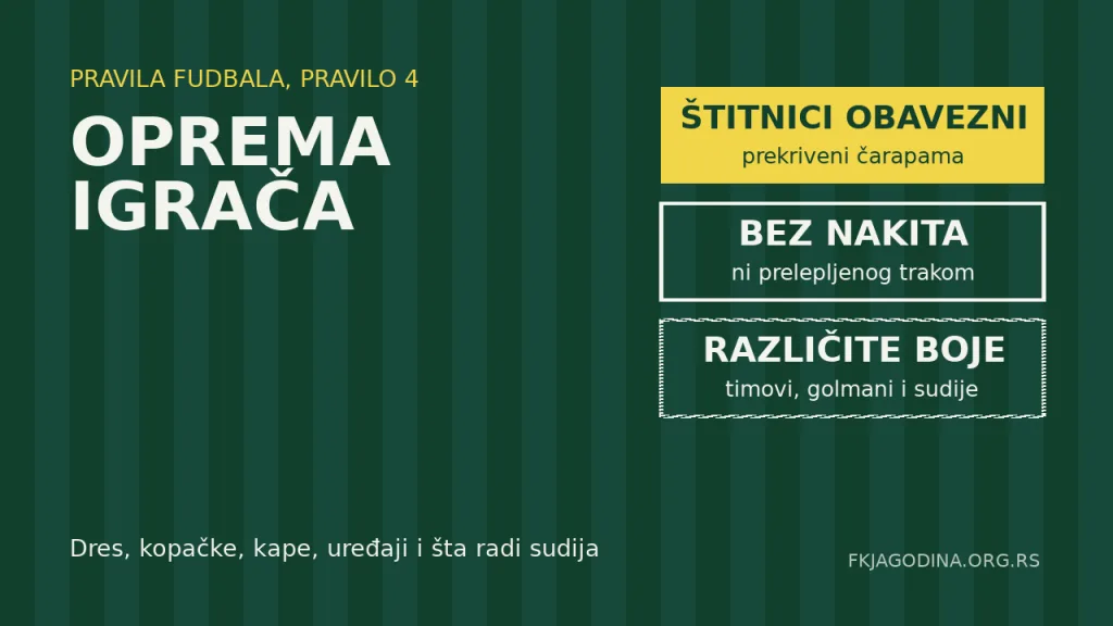 Oprema igrača, Pravilo 4: štitnici obavezni, bez nakita, različite boje timova i golmana